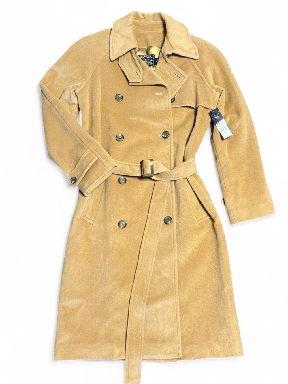 Womens Camel Wool Trench Coat - Classic Double-Breasted Style NWT $350